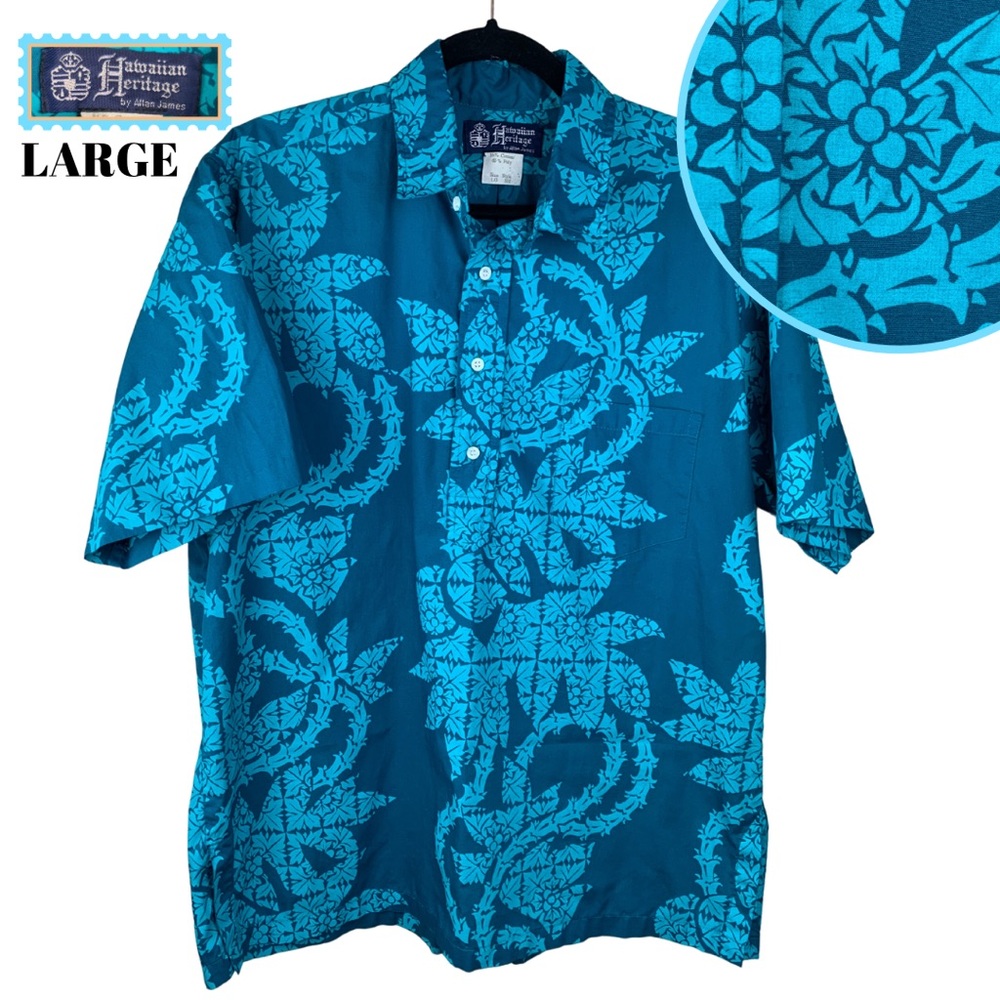 VTG Hawaiian Heritage Allan James Teal Blue Aloha Print Button up Shirt